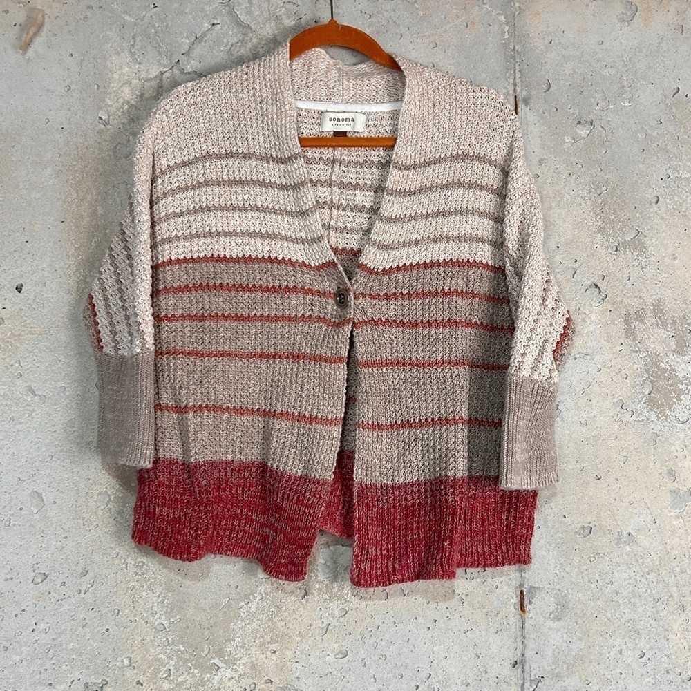 Sonoma beige rust red striped button front slouchy knit cardigan large